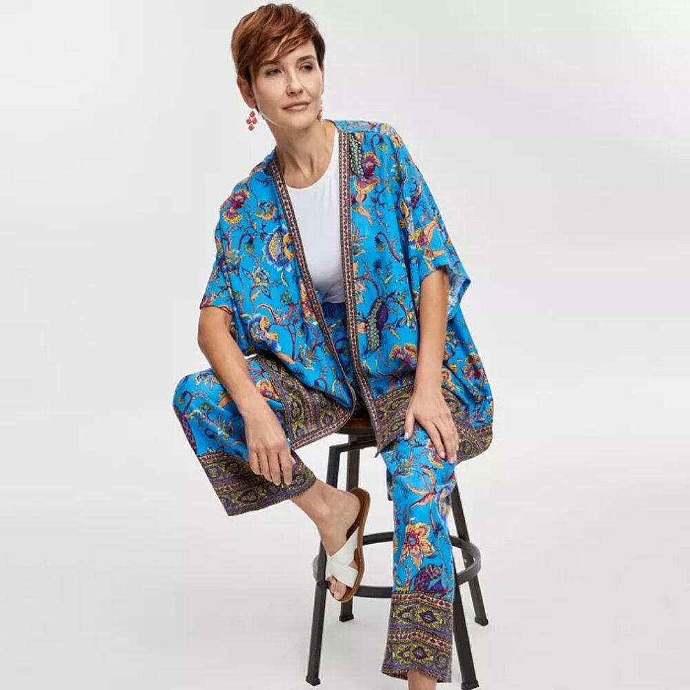 JM Collection Open Front Kimono‎ Cardigan Linen Blend Jacquard Print Sz 1X B33